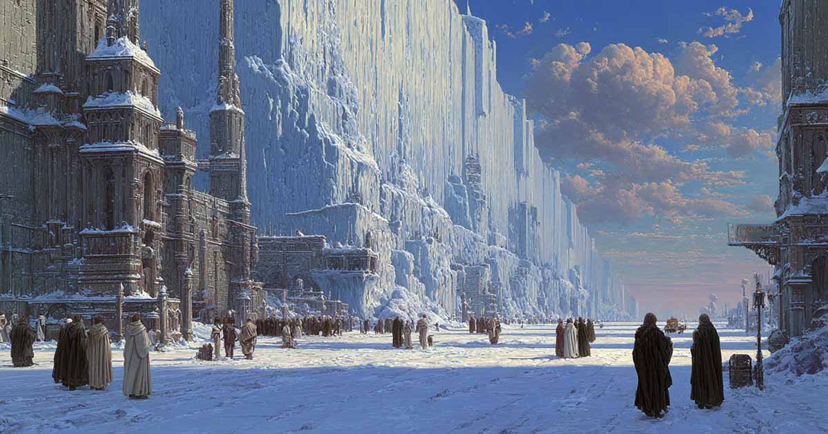 People in heavy cloaks walking through a frozen city with massive ice walls and ancient stone towers.