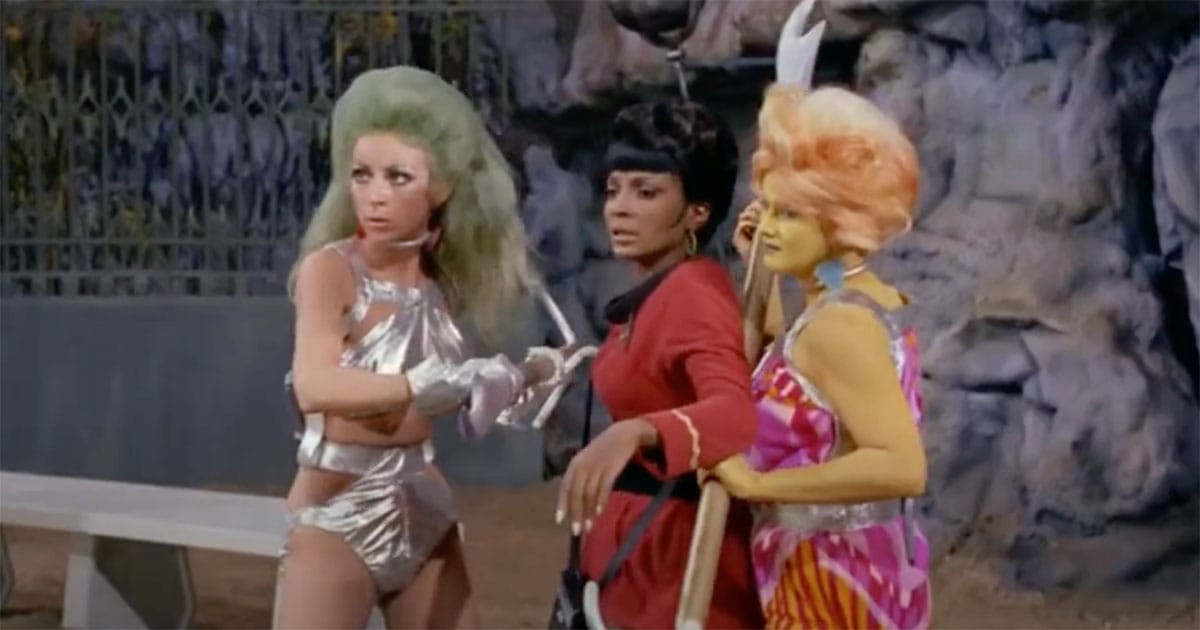 Uhura with alien thralls on Triskelion, captives controlled by disembodied brains in "Star Trek: The Original Series" episode "The Gamesters of Triskelion."