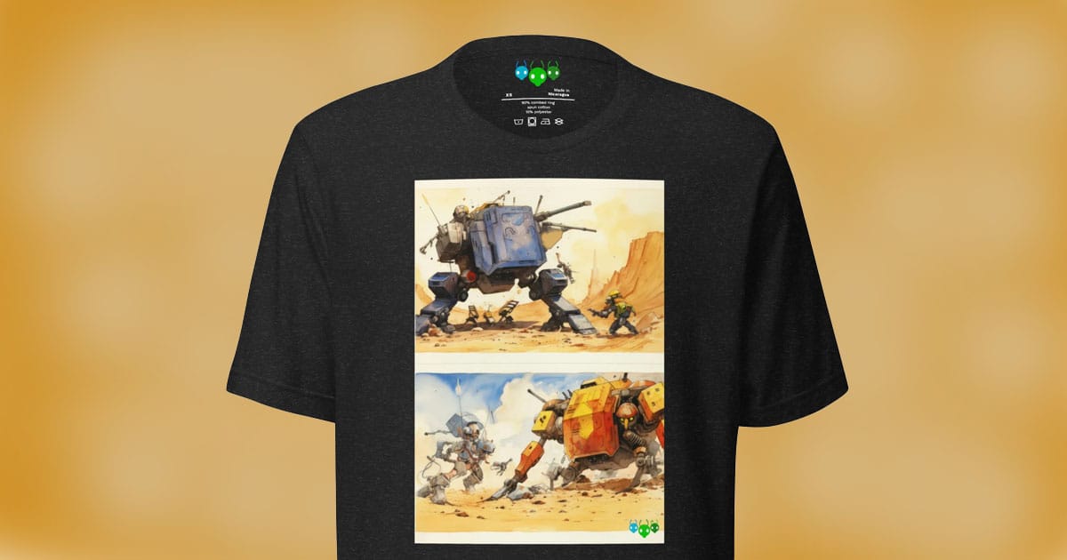 T-shirt featuring two illustrated panels of colorful cartoon mechs battling in a desert landscape