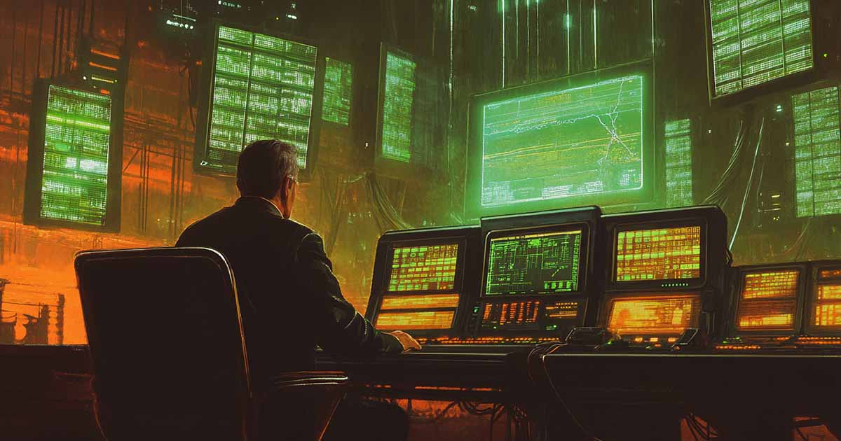 A middle-aged man sits at a retro-futuristic control station surrounded by green and amber monitors in a dark, enclosed data center, suggesting order, control, and bureaucratic power.