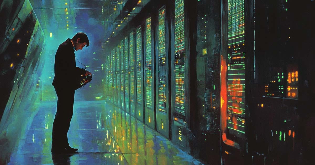 A solitary man in a dark suit stands in a glowing corridor lined with futuristic data panels, head bowed in contemplation, surrounded by cool blue and green lights suggesting reflection and inner conflict.