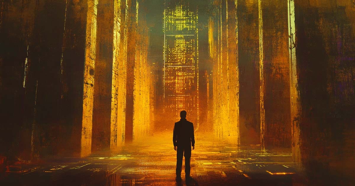 A solitary man stands facing a towering wall of golden digital light within a dark futuristic corridor, evoking quiet strength, personal conviction, and a moment of moral resolve.