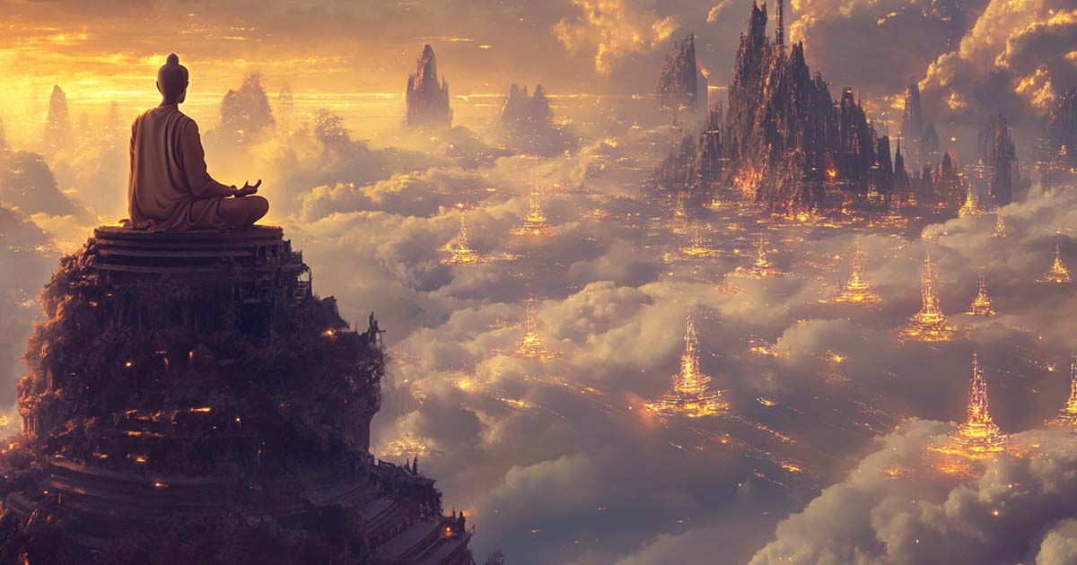 Golden-lit city in the clouds with a meditating figure, blending Buddhist imagery and futuristic architecture inspired by "Lord of Light."