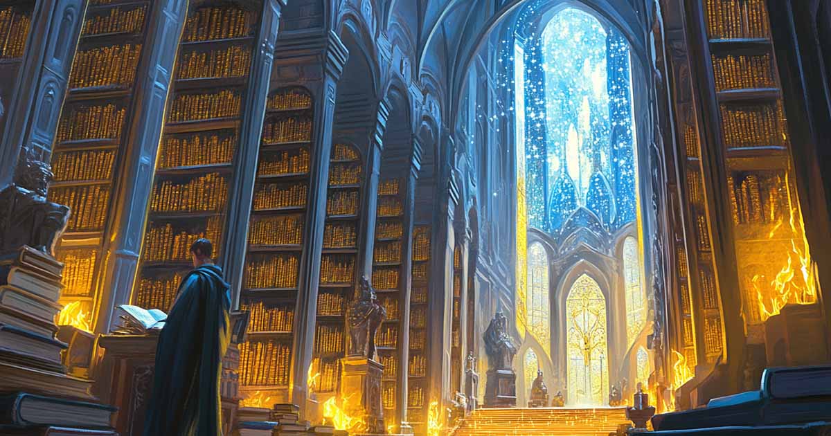 Grand library with golden-lit shelves, towering arches, and robed figure reading, symbolizing the style and structure of "Lord of Light"