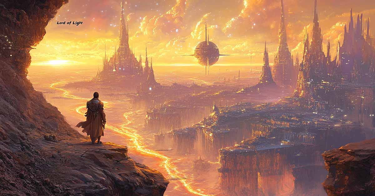Golden sunrise over futuristic spired city and orbiting sphere, with a robed figure overlooking the scene from a cliff, inspired by "Lord of Light."