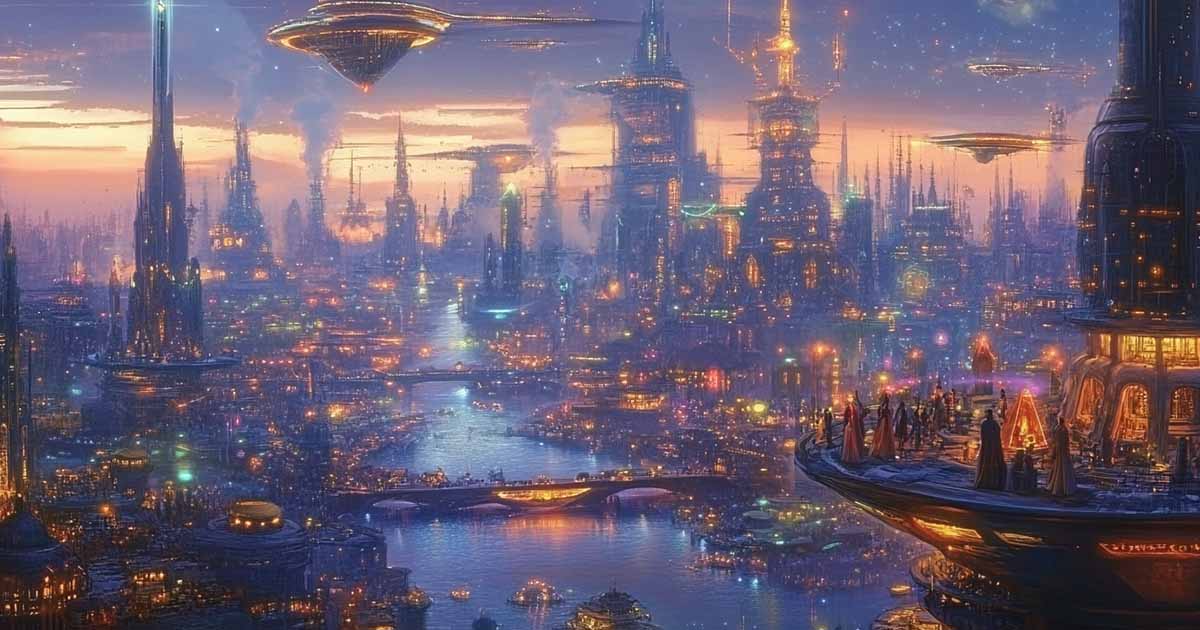 Futuristic river city with temple-like spires, floating ships, and robed figures inspired by "Lord of Light."