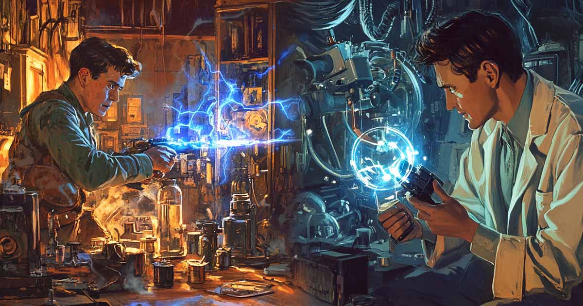 Retro pulp-style split illustration showing a young early 1900s inventor firing a glowing electric rifle in a cluttered workshop on the left, and a 1970s engineer in a lab coat examining a TASER-like device in a high-tech laboratory on the right, connected by arcs of blue electricity.