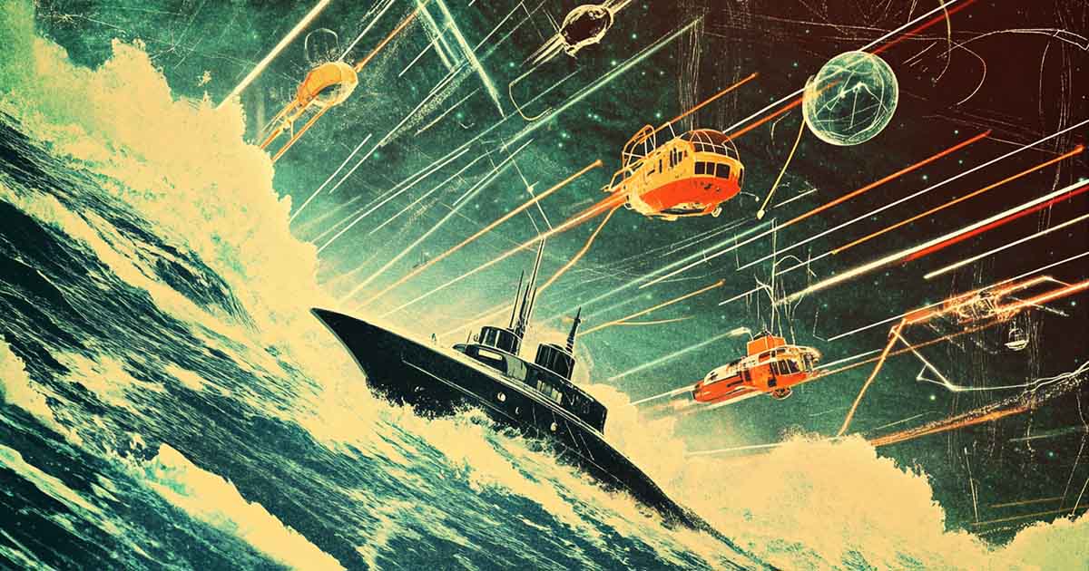 Retro pulp-style illustration of a black submarine cutting through stormy seas under a night sky filled with futuristic flying craft, satellites, and glowing energy trails, symbolizing the journey of science fiction inventions into real-world technology.