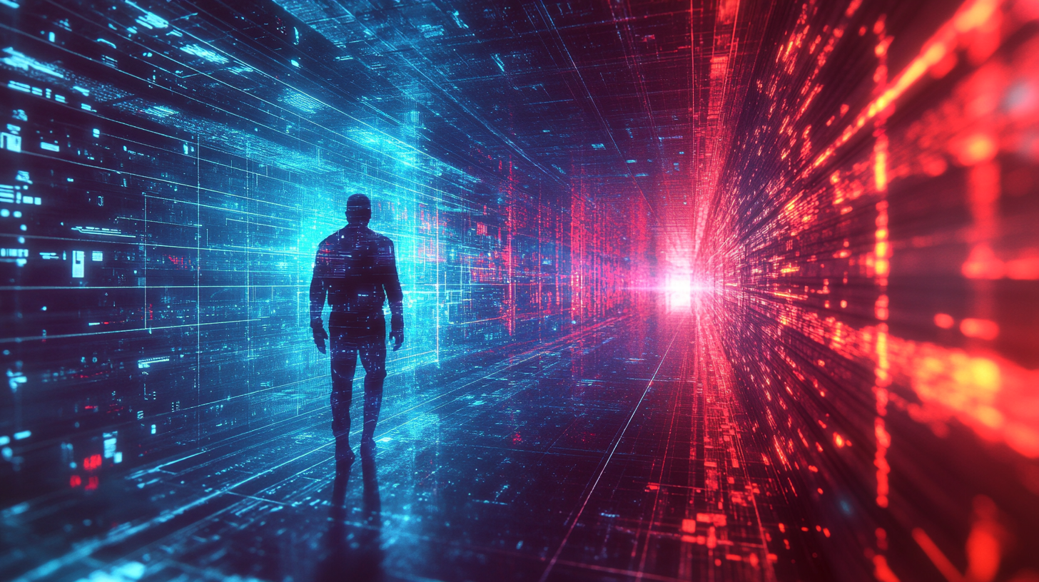 A silhouetted figure stands in a digital corridor divided between blue and red, symbolizing the merging of past and future sci-fi aesthetics.