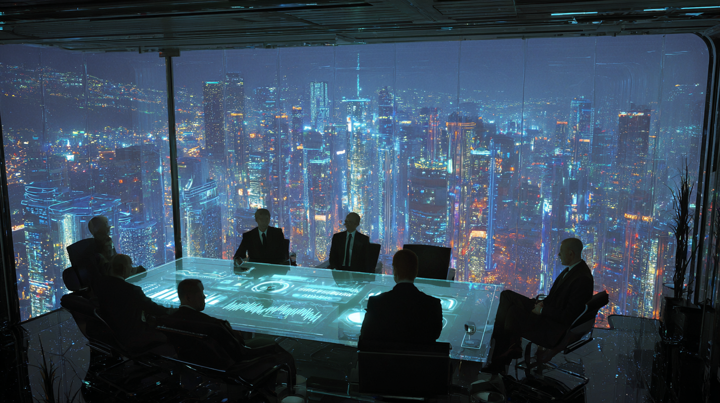 Futuristic corporate boardroom with executives seated at a glowing table overlooking a brightly lit megacity skyline at night.