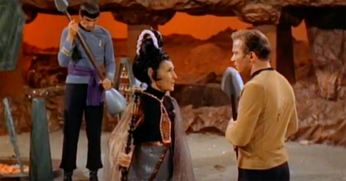 Captain Kirk and Spock with ceremonial weapons during the Vulcan ritual in the Star Trek episode Amok Time.