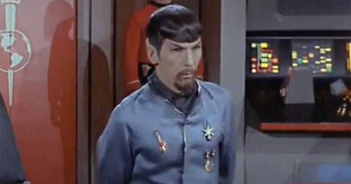 Mirror Spock with goatee in the Star Trek episode Mirror, Mirror inside the alternate universe Enterprise.