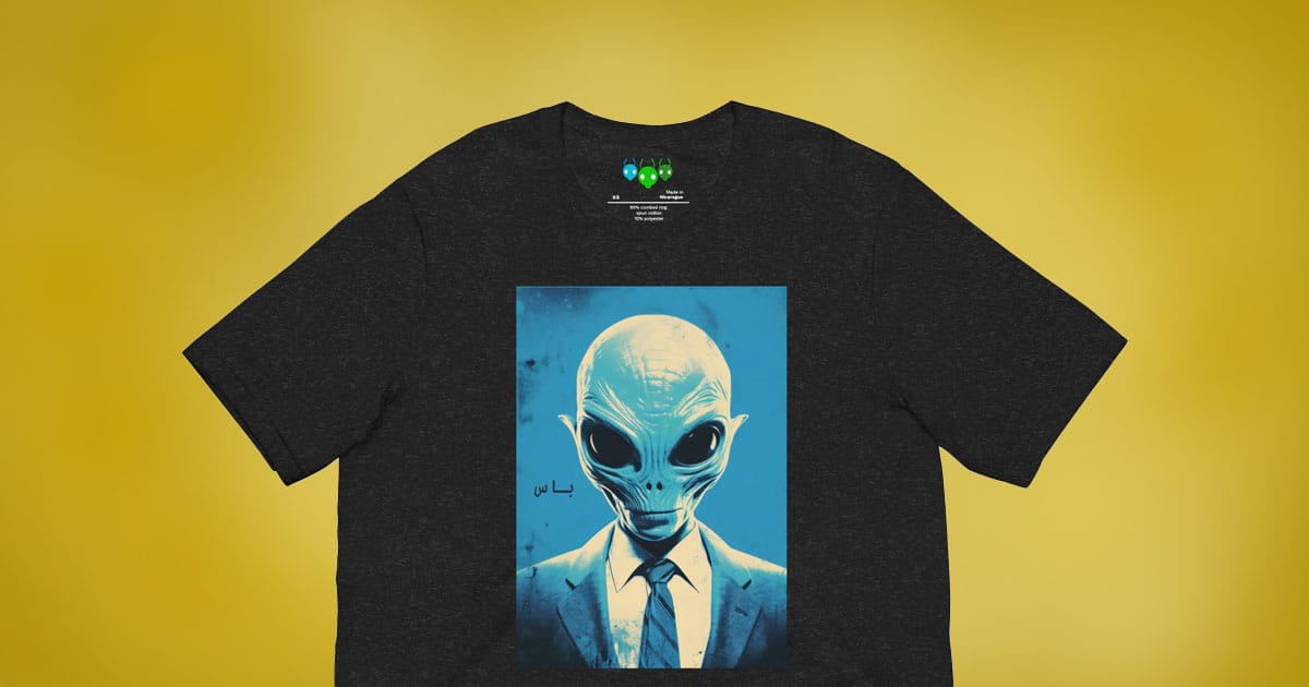 Alien mafia boss head design on sci fi themed t-shirt.