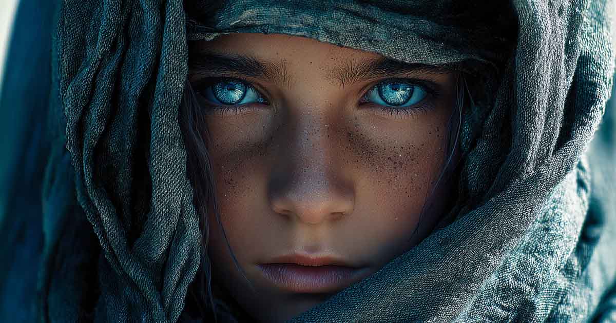 Detailed portrait of Alia Atreides with glowing spice-blue eyes and desert robes, highlighting her unnatural awareness as a pre-born child.