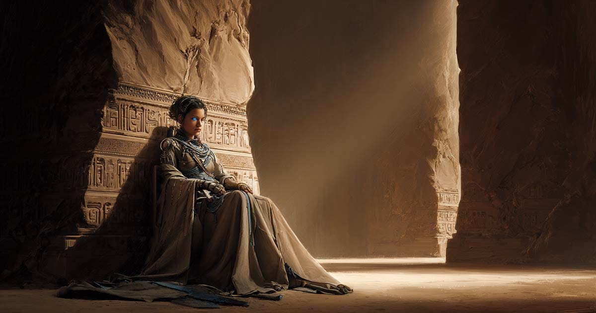 Full-body artwork of Alia Atreides seated on a throne in a desert temple, wearing Fremen robes with a crysknife across her lap, blue-in-blue eyes glowing with wisdom and menace.