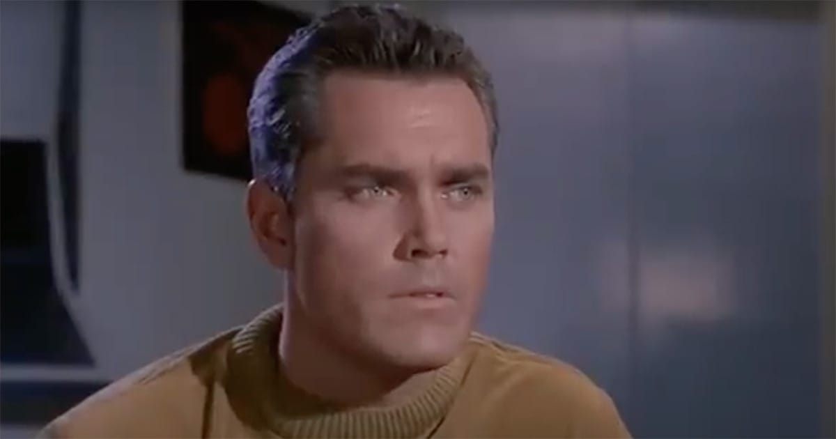 Jeffrey Hunter as Captain Christopher Pike in the Star Trek pilot episode "The Cage" from 1965.