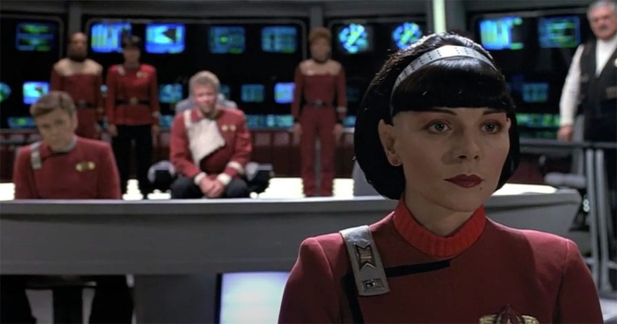 Kim Cattrall as Lieutenant Valeris on the bridge in the 1991 film "Star Trek VI: The Undiscovered Country."