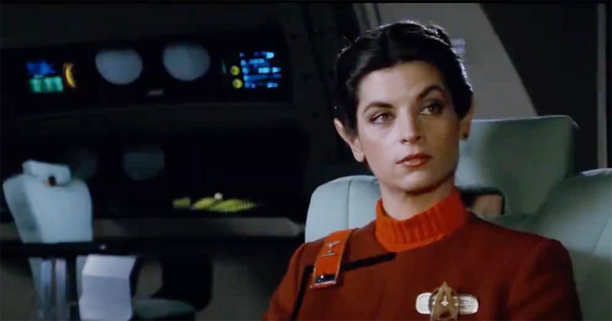 Kirstie Alley as Saavik in the 1982 film 'Star Trek II: The Wrath of Khan,' seated on the bridge of the Enterprise.