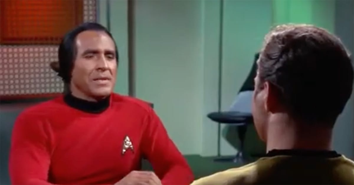 Ricardo Montalbán as Khan in the Star Trek episode 'Space Seed' from 1967, speaking with Captain Kirk.