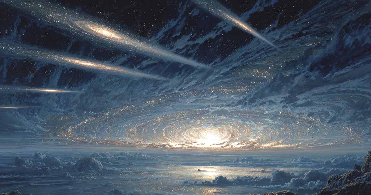Galaxies and cosmic light unfolding across time.