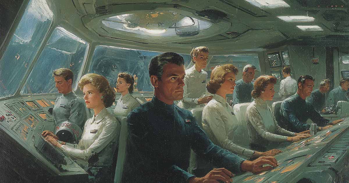 Crew of men and women inside a futuristic starship, focused on their mission.