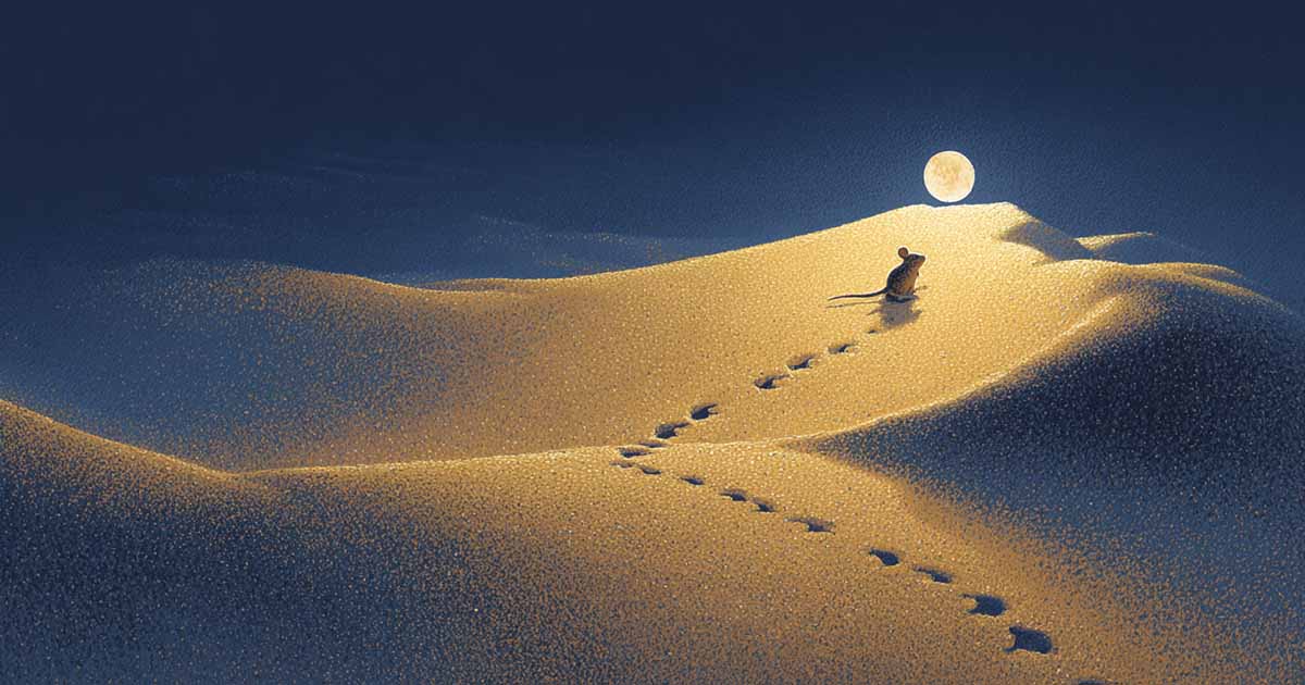 Small desert mouse on a dune under moonlight with tracks trailing behind.