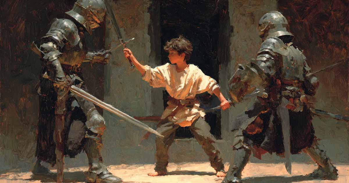 Two armed warriors spar while a young noble watches and imitates their moves.