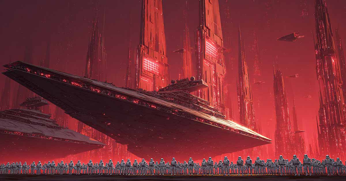 Star Destroyer above stormtroopers with towering red spires symbolizing Imperial authority in Star Wars.