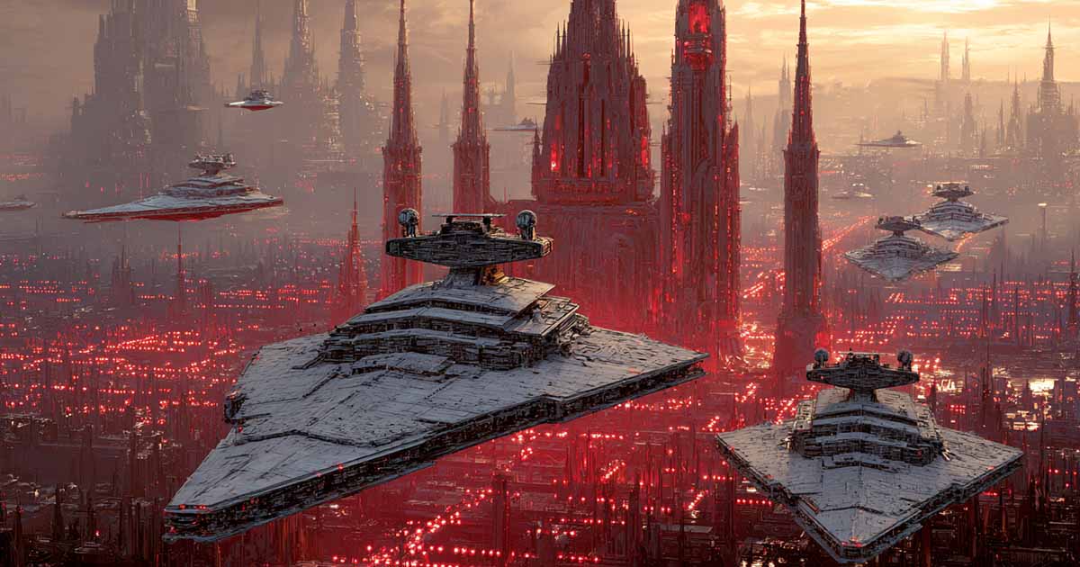 Imperial Star Destroyers over a glowing red city at sunset representing the height of the Galactic Empire in Star Wars.