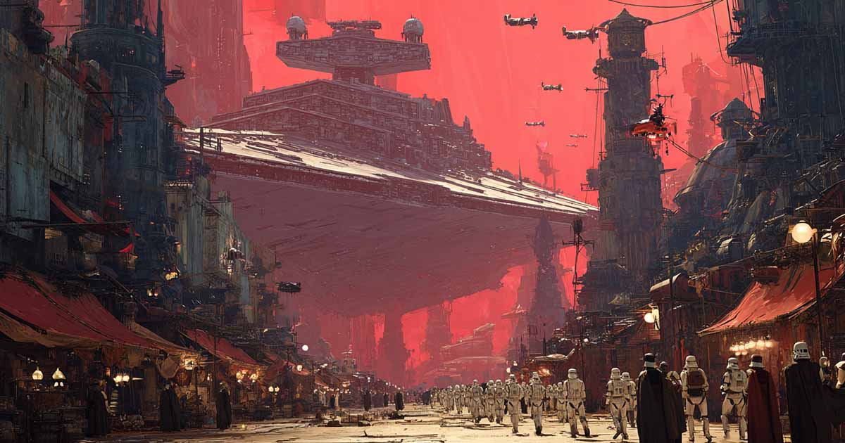 Stormtroopers on city streets with a Star Destroyer overhead symbolizing daily oppression under the Galactic Empire.