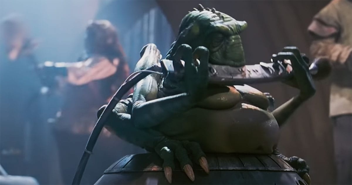 Star Wars image of a member of the Max Rebo Band playing an alien instrument in Jabba’s palace, one of the most memorable background groups of the original trilogy.