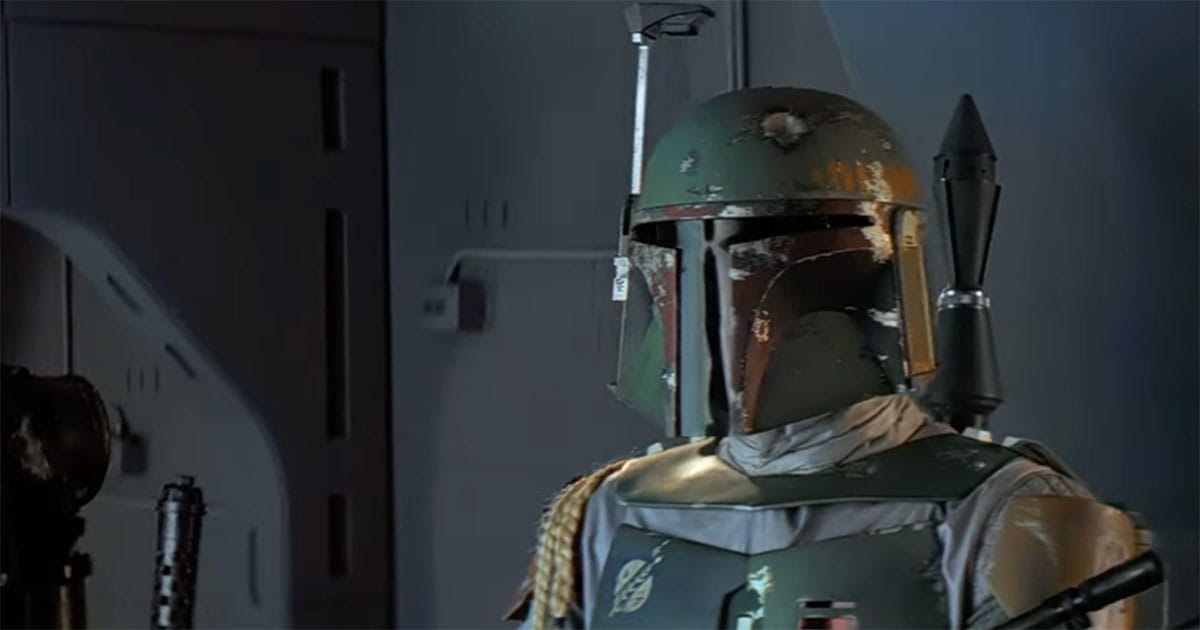 Star Wars image of Boba Fett in green Mandalorian armor with helmet and jetpack, a background character from the original trilogy who became a fan favorite.