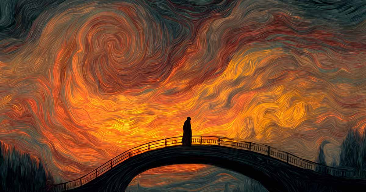 Expressionist-style digital painting of a dark figure standing on a bridge under a swirling fiery sky, evoking Edvard Munch’s “The Scream” and the alien Silence from Doctor Who.
