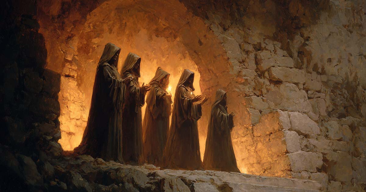 Hooded figures walking through a stone arch lit by firelight, evoking ritual and control in "Gather, Darkness!"