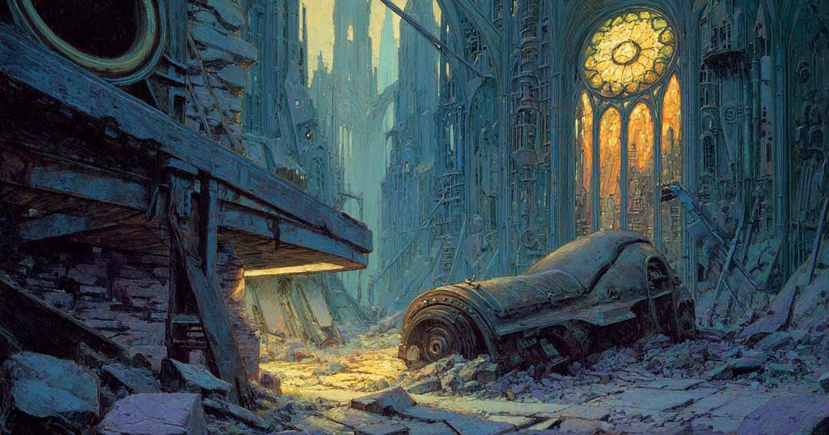 Ruined gothic hall with broken machinery glowing beneath stained glass, symbol of legacy and illusion in "Gather, Darkness!"