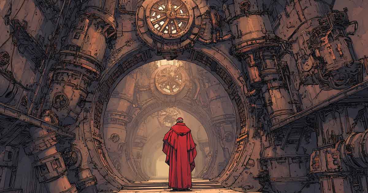 Lone priest in red robe standing in vast mechanical cathedral, symbol of theocratic power in "Gather, Darkness!"