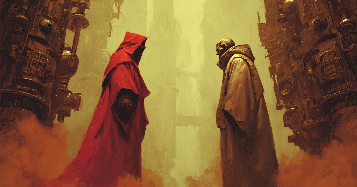 Hooded figure in red facing a priest in white amid smoke and machinery, evoking archetypal confrontation in "Gather, Darkness!"