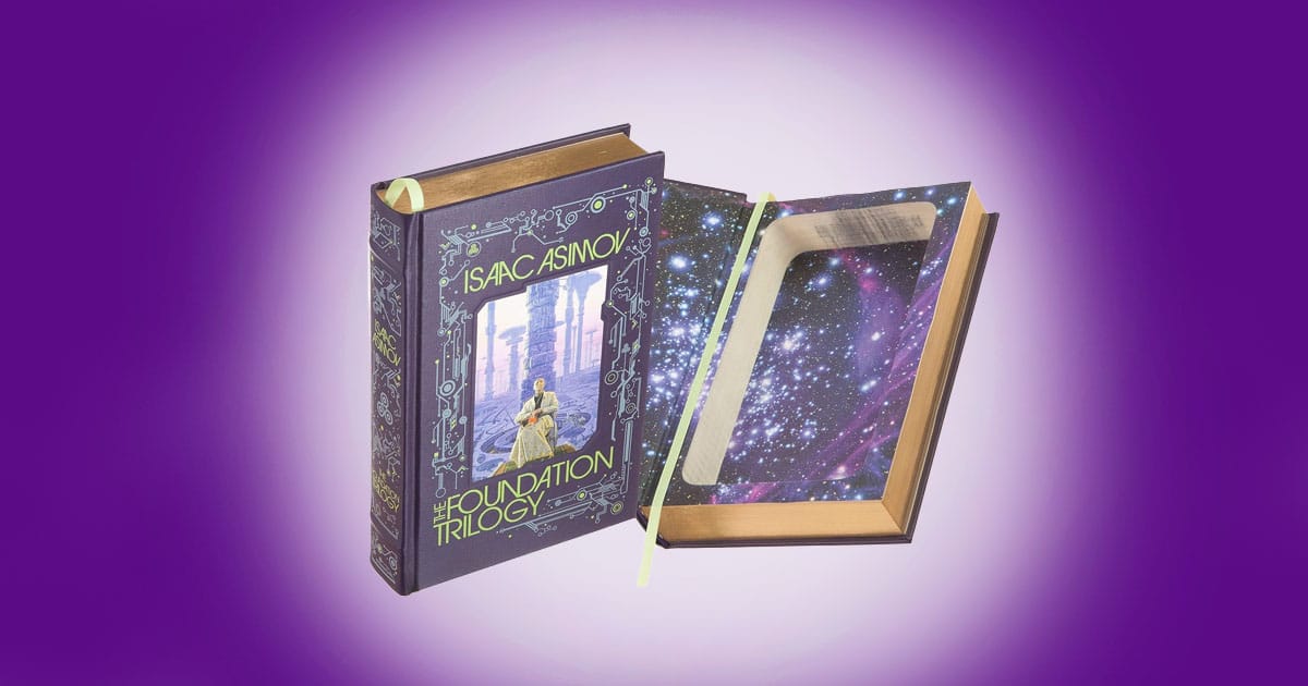 Leather bound Isaac Asimov Foundation Trilogy book safe with starry interior.