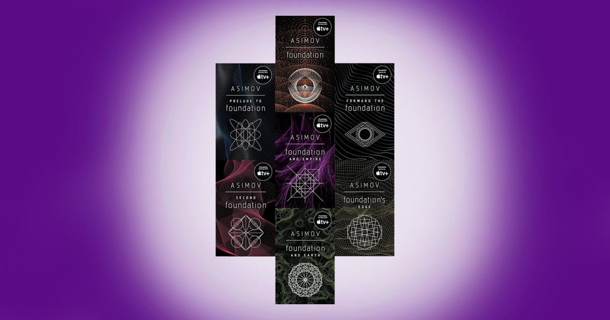 Set of Isaac Asimov Foundation series books with modern geometric cover designs representing science and logic.
