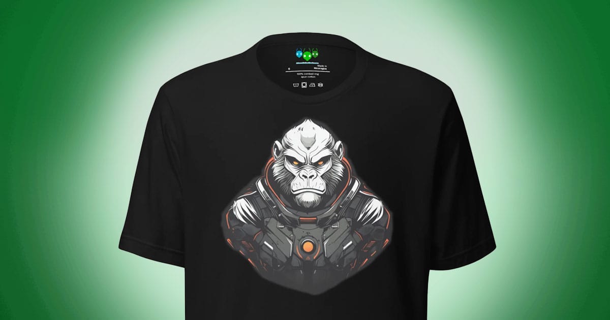 Black T-shirt featuring Luno, the armored Silverback Gorilla from Kongara. The design represents courage, intelligence, and balance between diplomacy and strength.