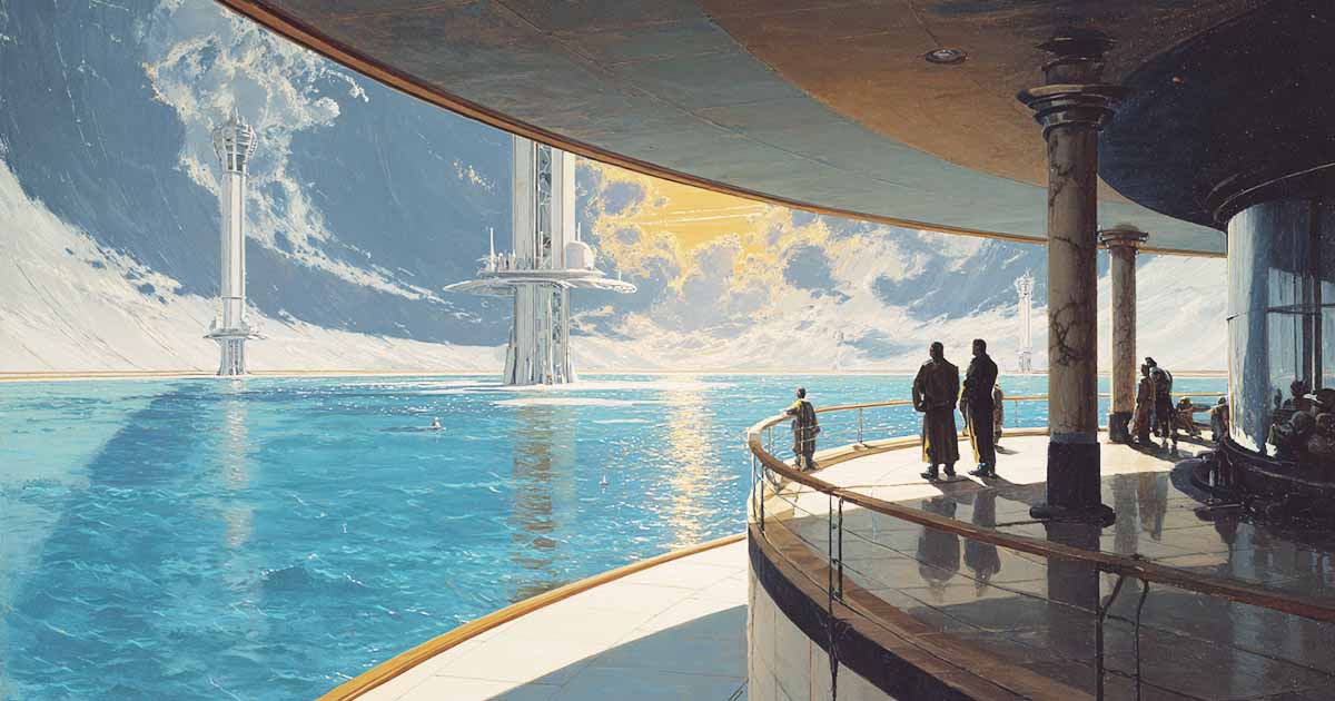 Interior of a massive cylindrical spacecraft showing a curved sea and artificial horizon, in the spirit of Arthur C. Clarke’s “Rendezvous with Rama.”