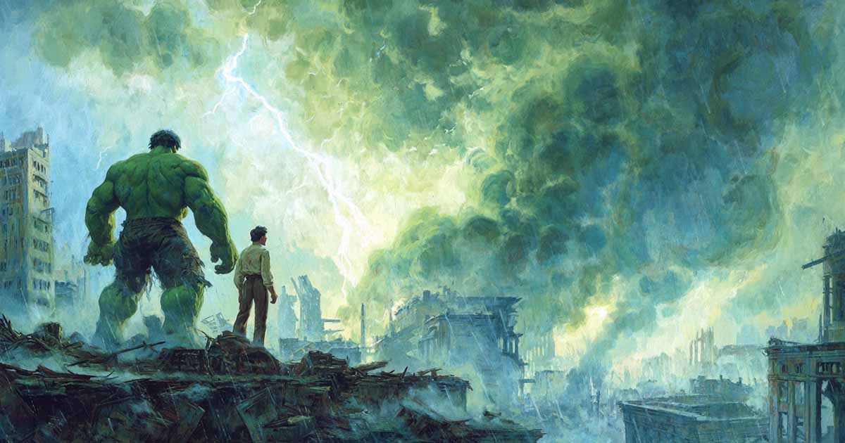 Painting in the style of Frank Frazetta showing David Banner and the Hulk standing among city ruins beneath storm clouds, symbolizing the struggle between reason and rage.