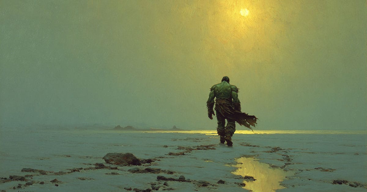 Painting in the style of Frank Frazetta showing a green giant walking across a barren landscape toward the rising sun, symbolizing isolation, regret, and endurance.