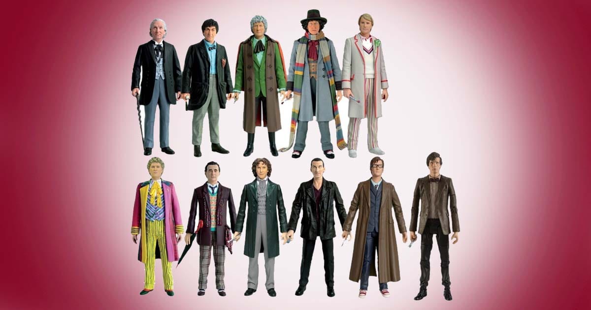 Doctor Who eleven Doctors action figure collector set showing all incarnations of the Doctor in a TARDIS display style on red background.