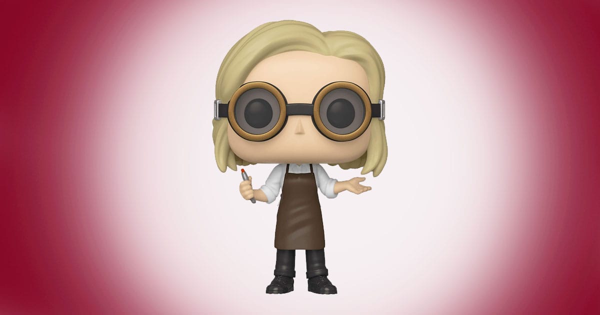 Funko Pop Doctor Who Thirteenth Doctor with goggles vinyl figure holding a tool on red background.