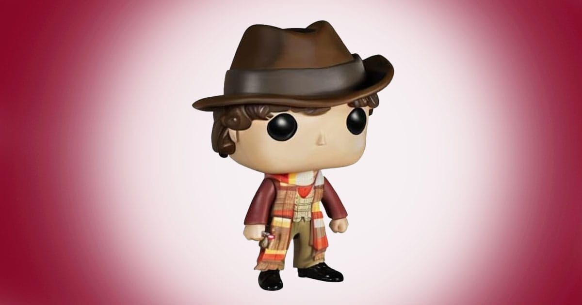Funko Pop Doctor Who fourth Doctor vinyl figure wearing brown hat and colorful scarf on red background.