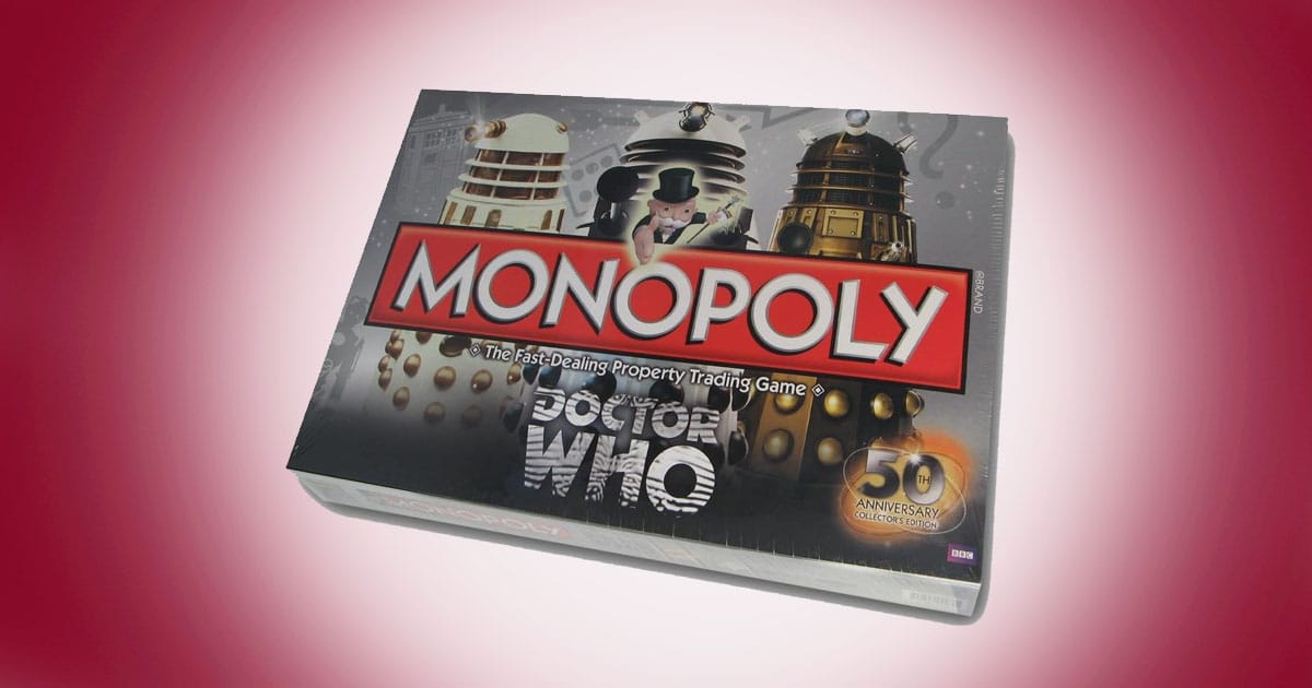 Doctor Who 50th Anniversary Monopoly board game box featuring Daleks and Monopoly logo on red background.