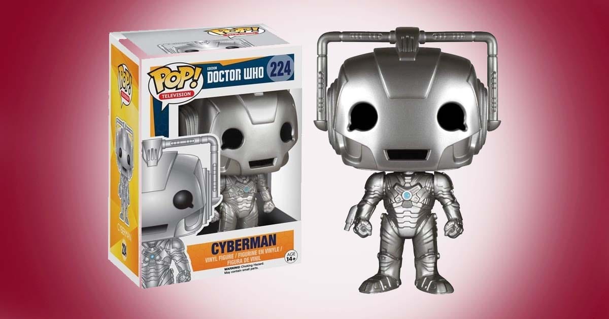 Funko Pop Doctor Who Cyberman vinyl figure with box on red background.