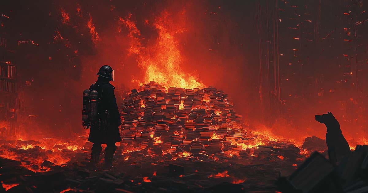 Fireman stands before a blazing pile of burning books in a dystopian scene.
