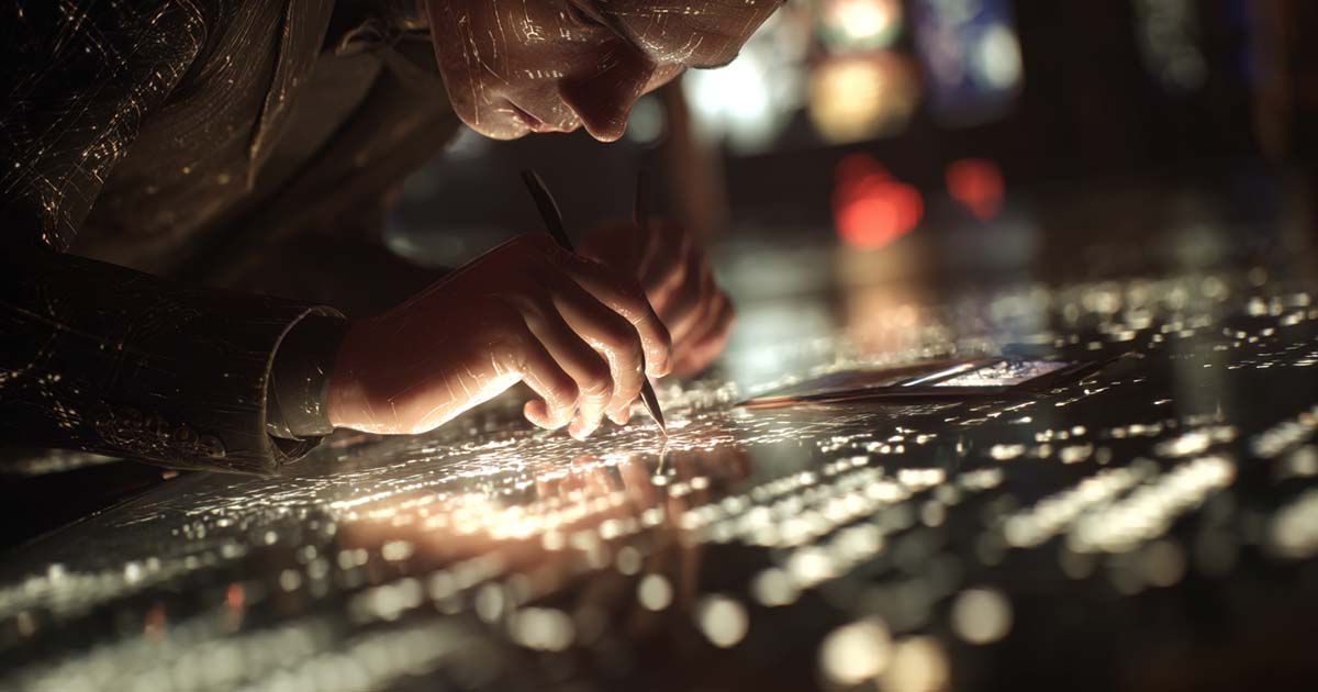 Close-up of a futuristic archivist inscribing glowing data fragments by hand.
